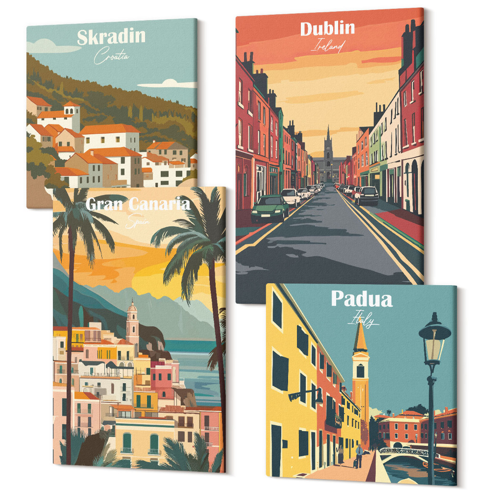 Négy részes vászonkép szett A városok és a természet tájai meleg színekben