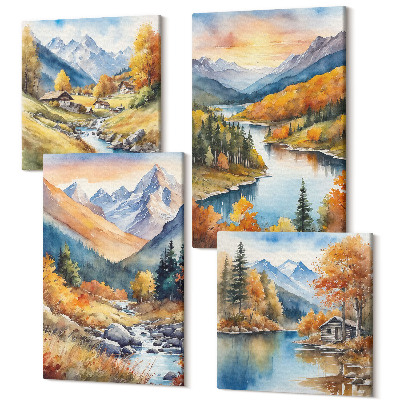 Négy részes vászonkép szett Hegyi táj folyóval és őszi fákkal
