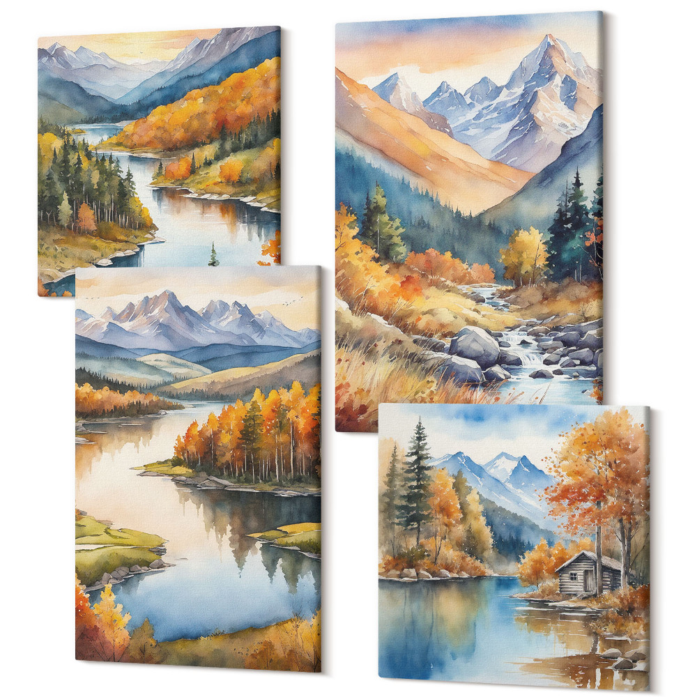 Négy részes vászonkép Kilátás a hegyekre, folyóval és őszi fákkal
