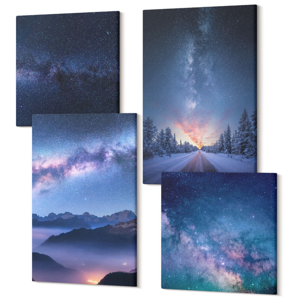 Négy részes vászonkép szett Éjszakai égbolt hegyek szurdok tér és téli táj