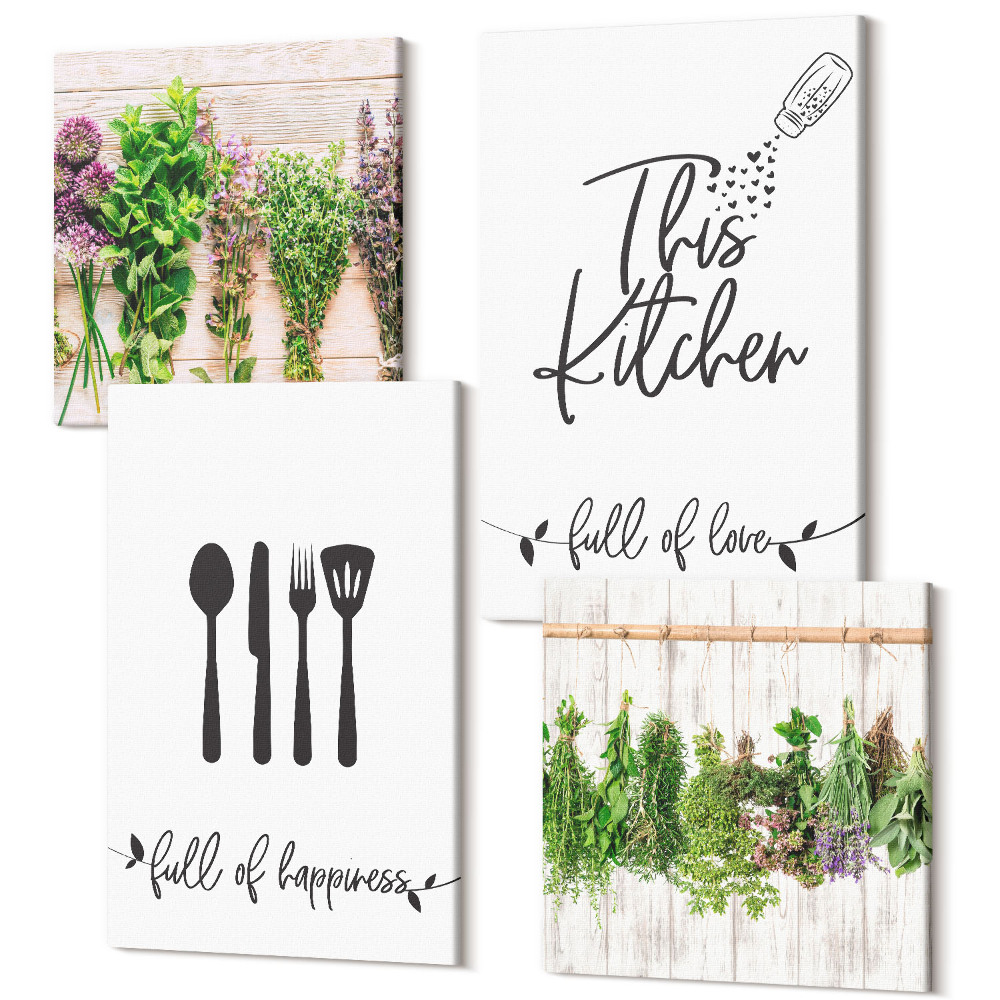 Négy részes vászonkép Konyhai jelek szárított gyógynövények és növények