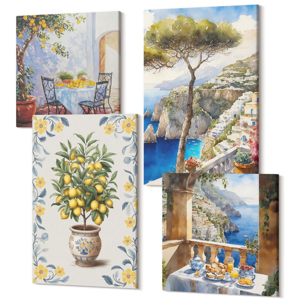 Négy részes vászonkép szett Tengerre néző citromfákkal, olasz festményekkel