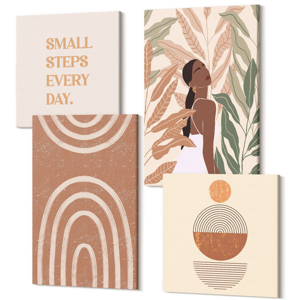 Négy részes vászonkép Stílusos minták növényi motívumokkal és geometrikus formákkal