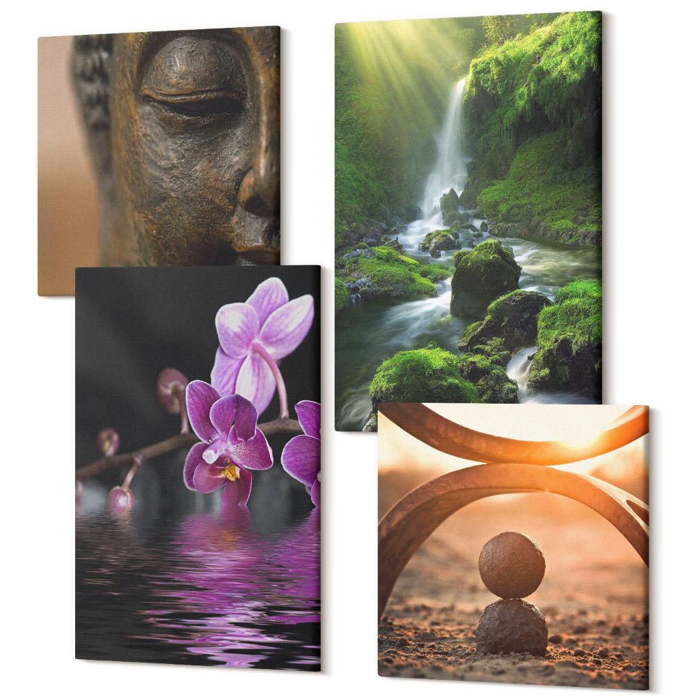 Négy részes vászonkép Virágok a vízesésben, zöld sziklákkal, Buddha