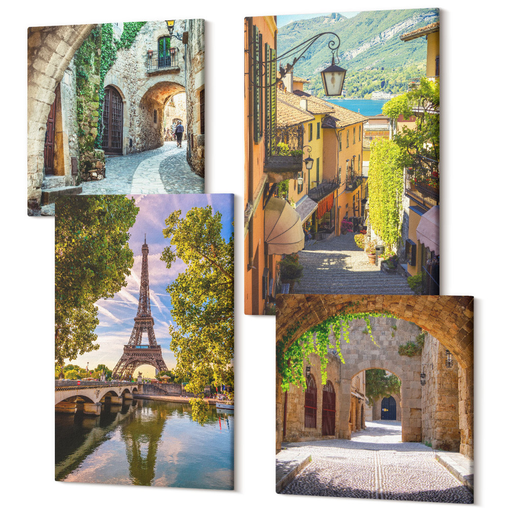 Négy részes vászonkép Gyönyörű utcák, történelmi építészet, Eiffel-torony