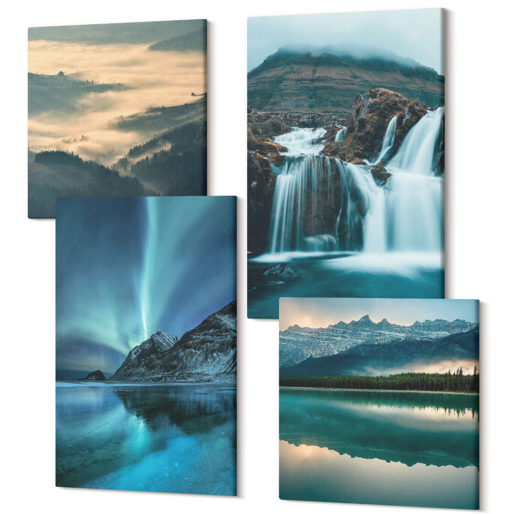 Négy részes vászonkép szett Téli tájak vízesésekkel és aurora borealisszal
