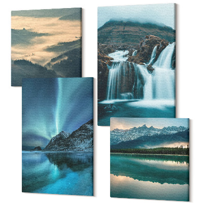 Négy részes vászonkép szett Téli tájak vízesésekkel és aurora borealisszal