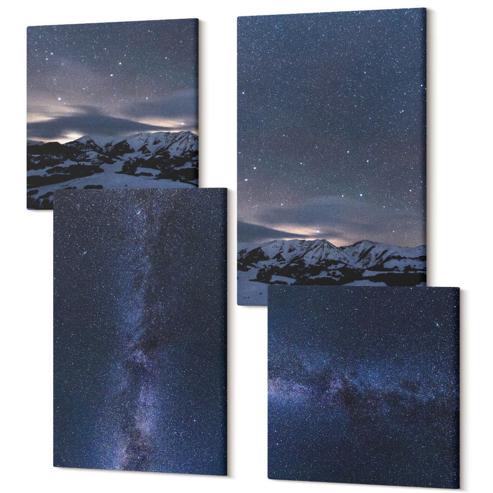 Négy részes vászonkép szett Éjszakai égbolt csillagokkal és hegyi tájjal