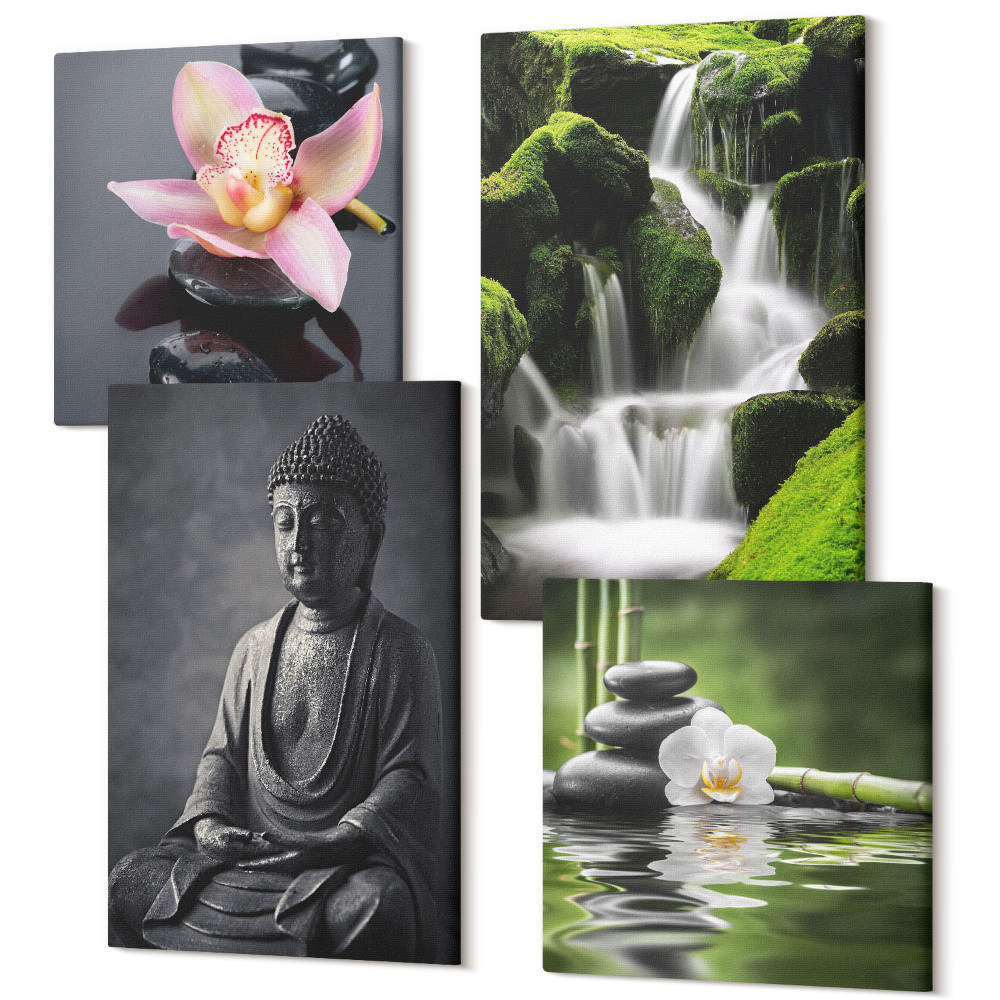 Négy részes vászonkép Pihentető ZEN-festmények vízzel, kövekkel és Buddhával