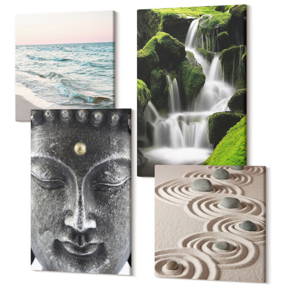 Négy részes vászonkép szett A természet békéje kövekkel, vízeséssel és Buddhával