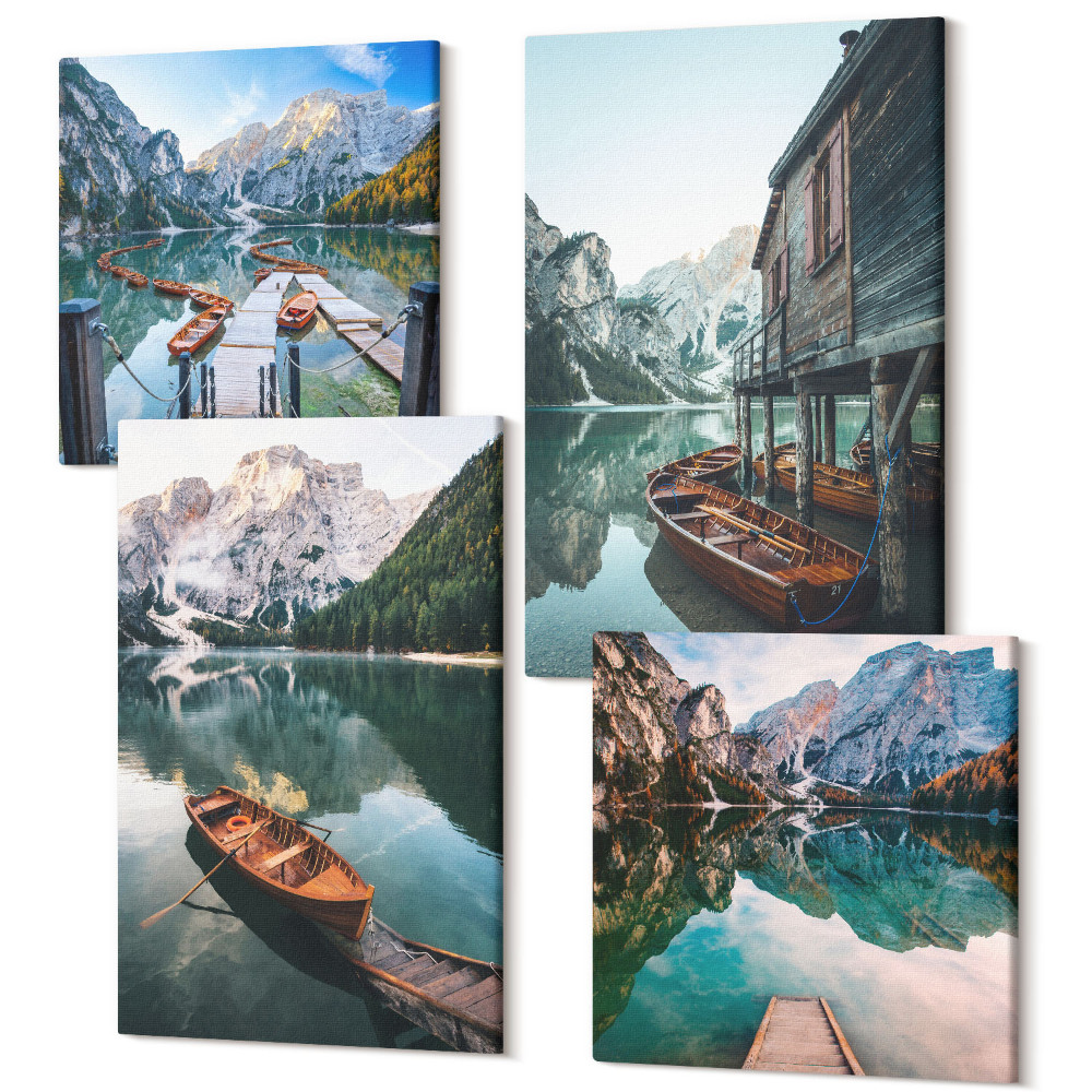 Négy részes vászonkép Egy tó a hegyekben csónakokkal és egy fakunyhóval