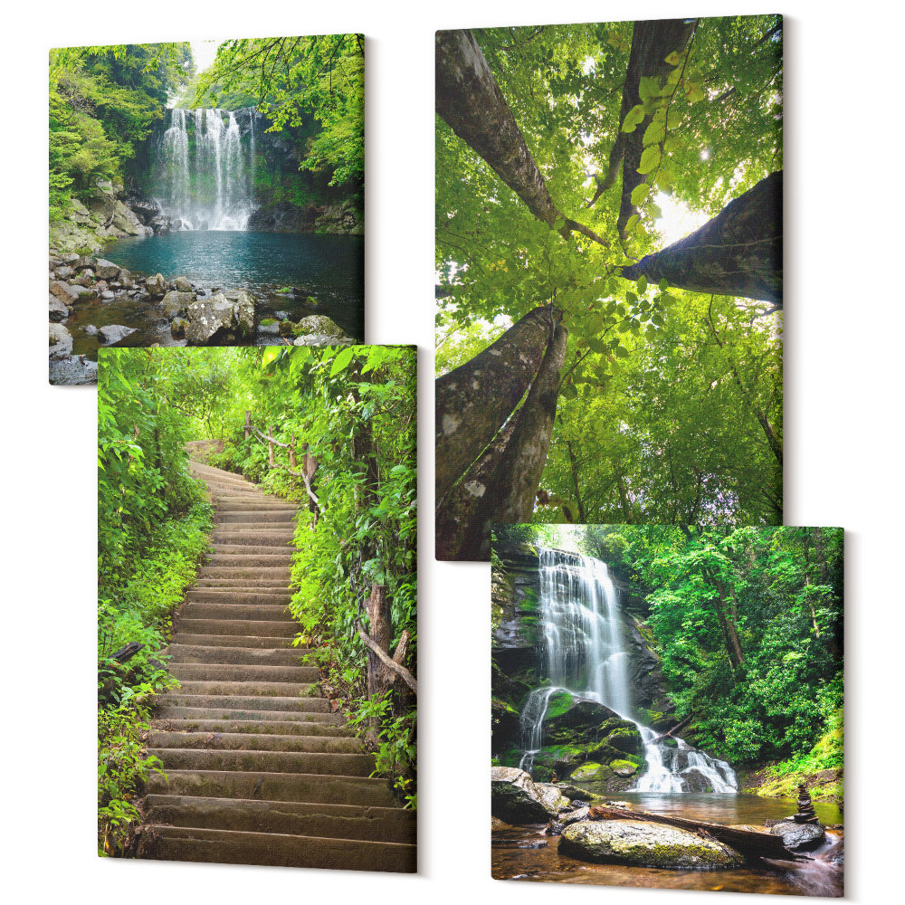Négy részes vászonkép szett Erdei ösvény vízeséssel és zöld növényzettel