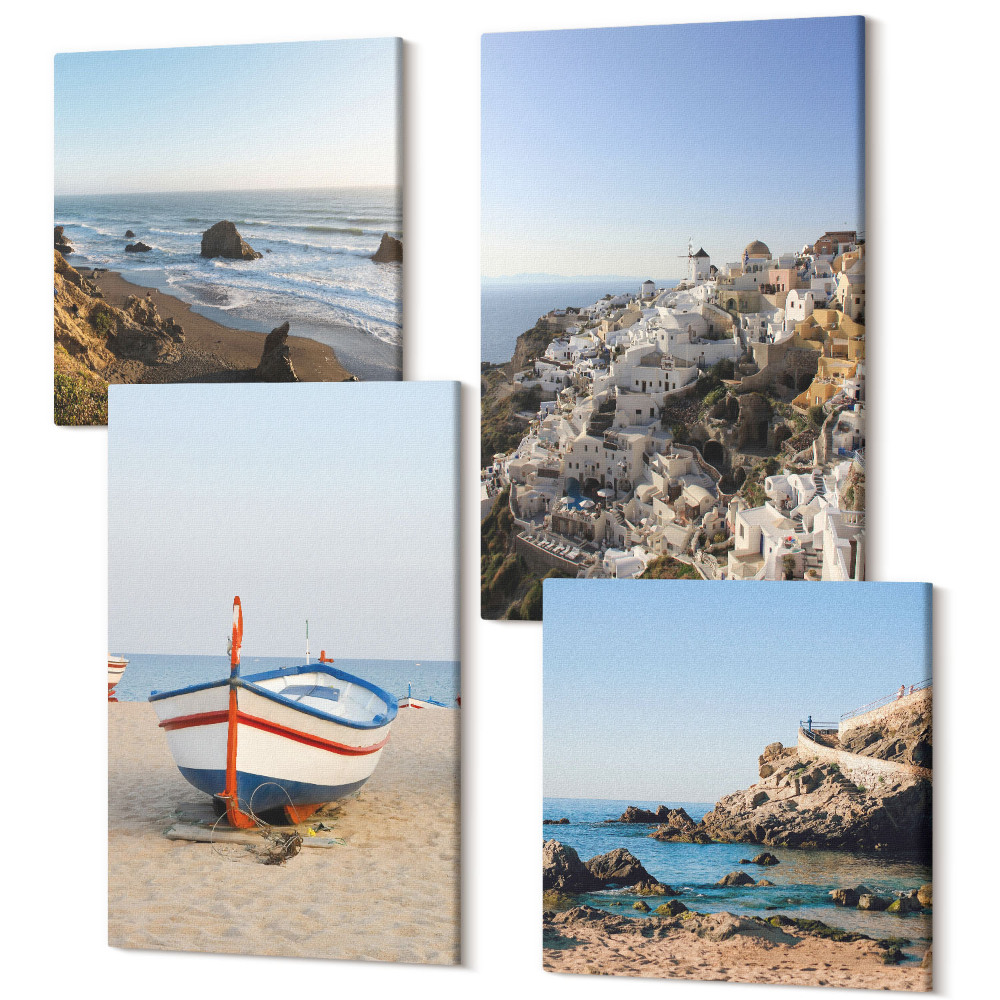 Négy részes vászonkép szett Tengerparti kilátás csónakkal és fehér házakkal, Görögország