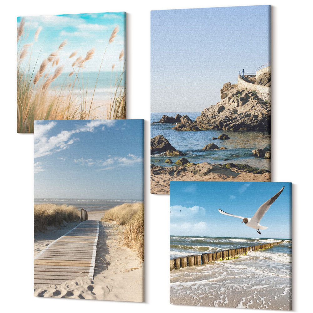 Négy részes vászonkép Strand faúttal, tengerrel és tengerparti sziklákkal