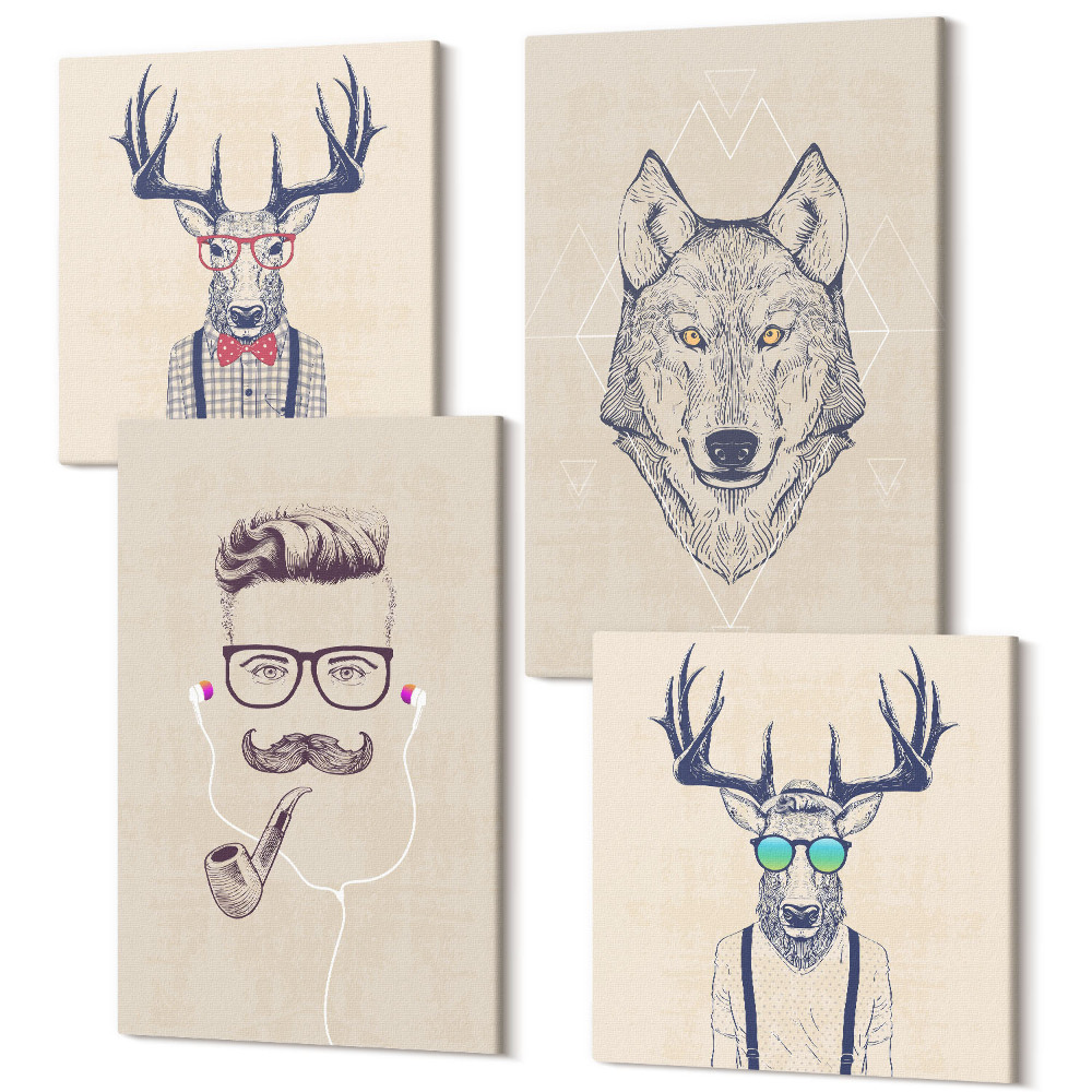 Négy részes vászonkép szett Stílusos portrék állatokról és férfiakról