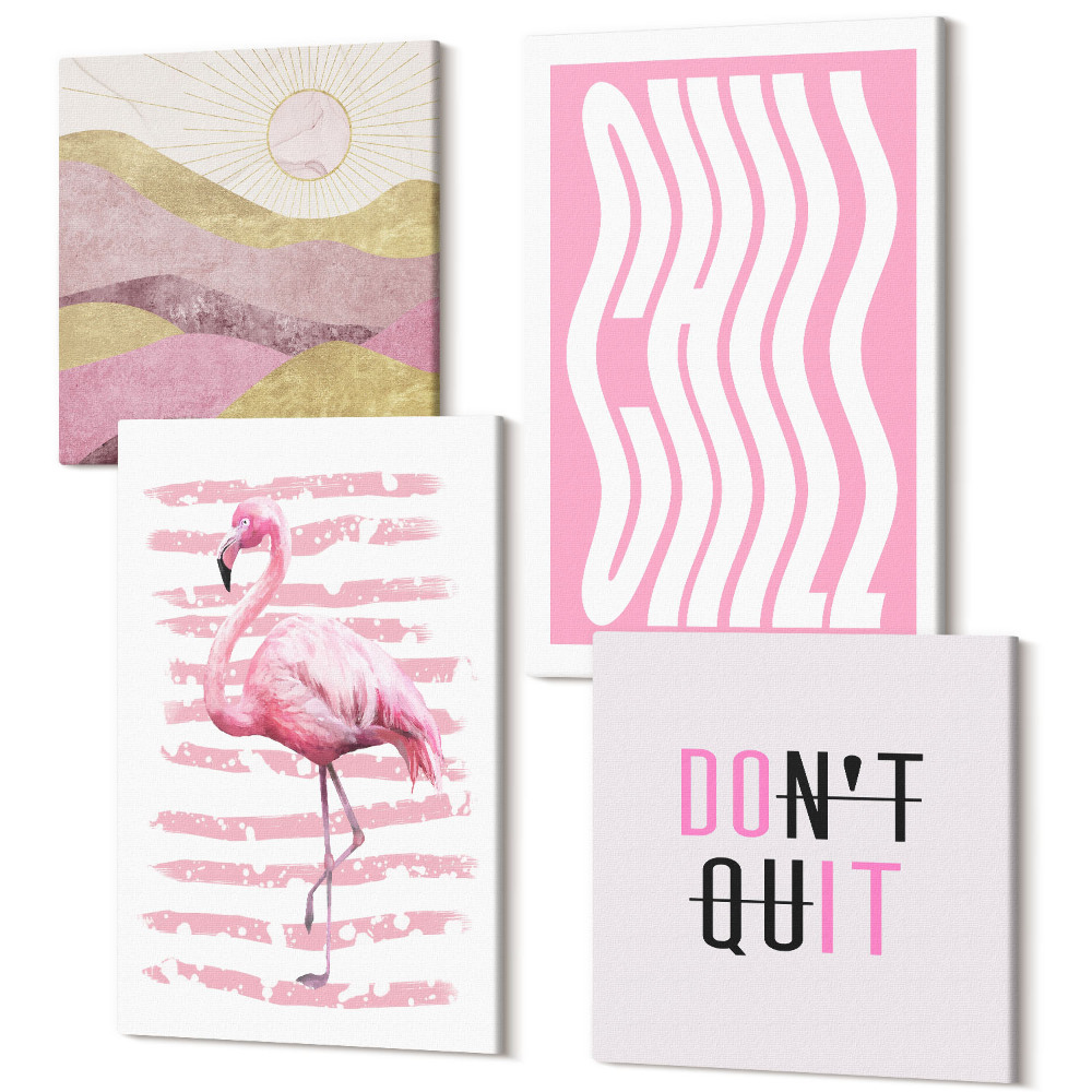 Négy részes vászonkép szett Rózsaszín flamingók pasztell hegyi táj betűkkel