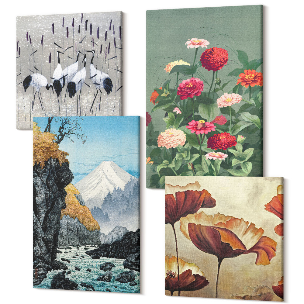 Négy részes vászonkép Hegyek vízeséssel, repülő madarak és színes virágok