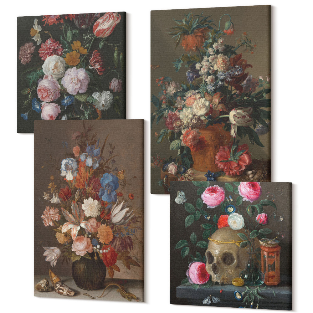 Négy részes vászonkép szett Virágok vázában, különféle vintage növényi kompozíciók