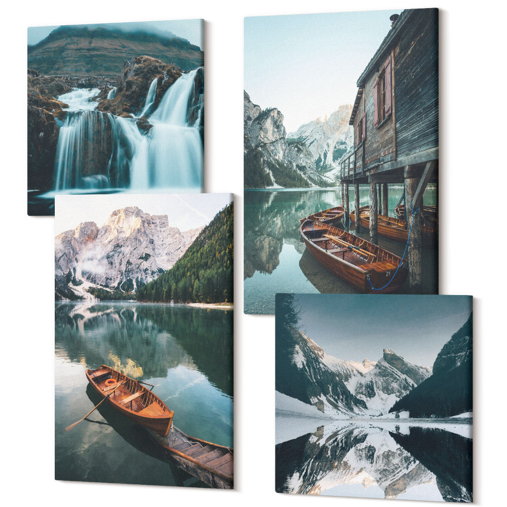 Négy részes vászonkép szett Hegyi tavak csónakokkal és tükröződésekkel a vízben