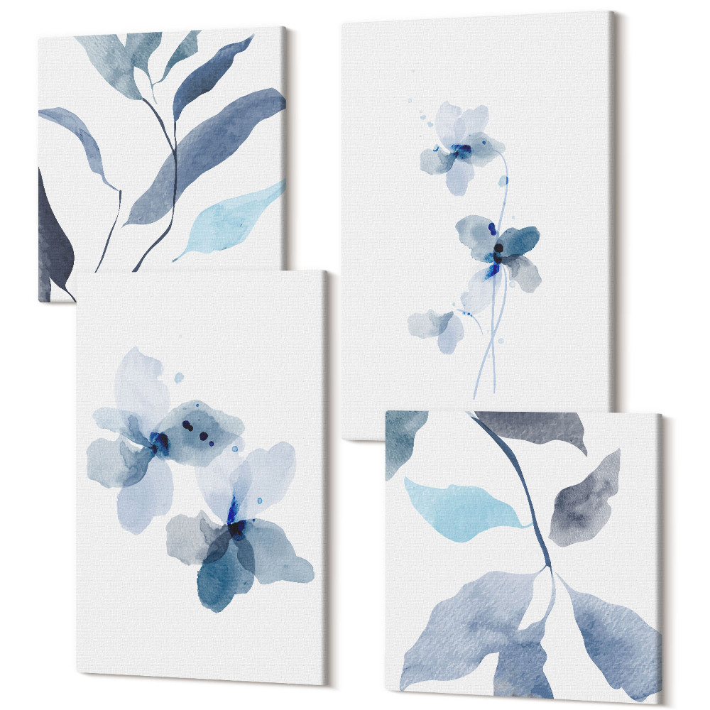 Négy részes vászonkép szett Minimalista akvarell virágok kék árnyalataiban