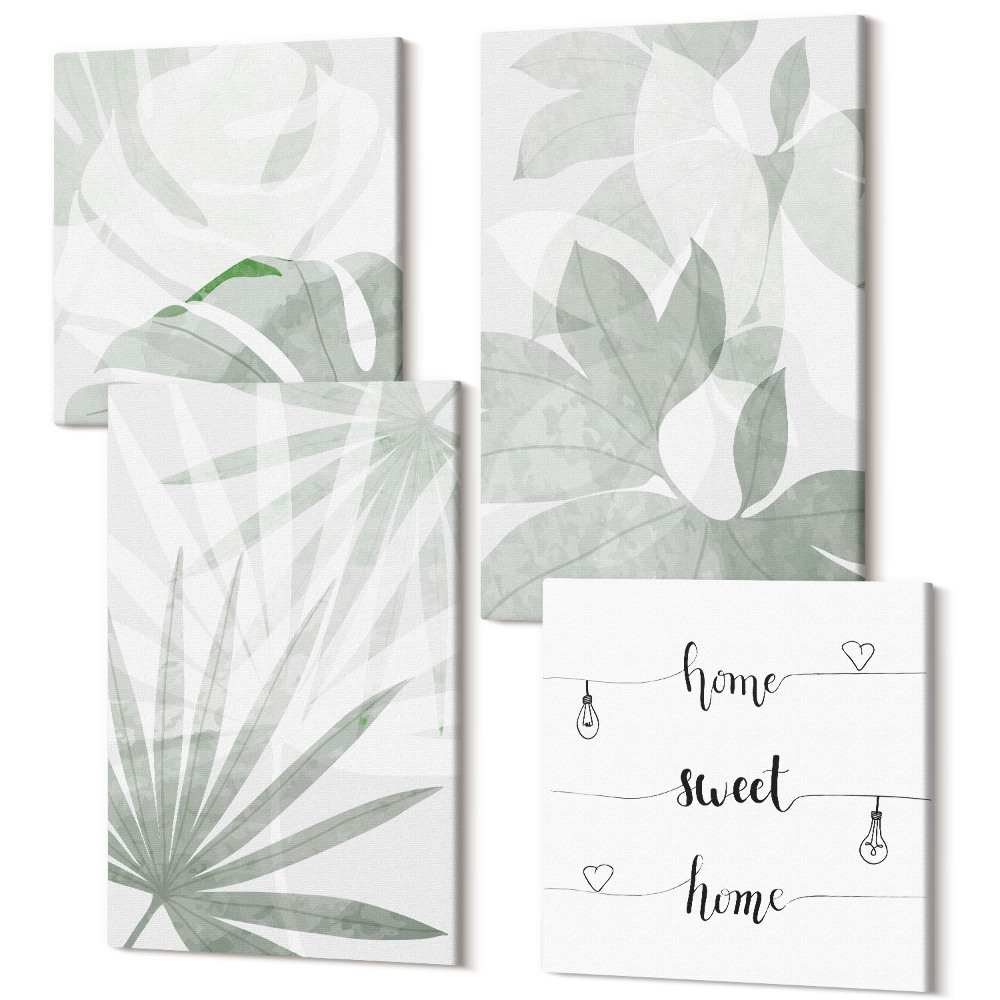 Négy részes vászonkép Növény levelei zöld és szürke árnyalatú felirattal