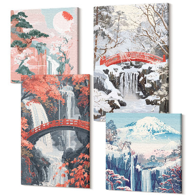 Négy részes vászonkép Hegyi tájak és vízesések különböző évszakokban
