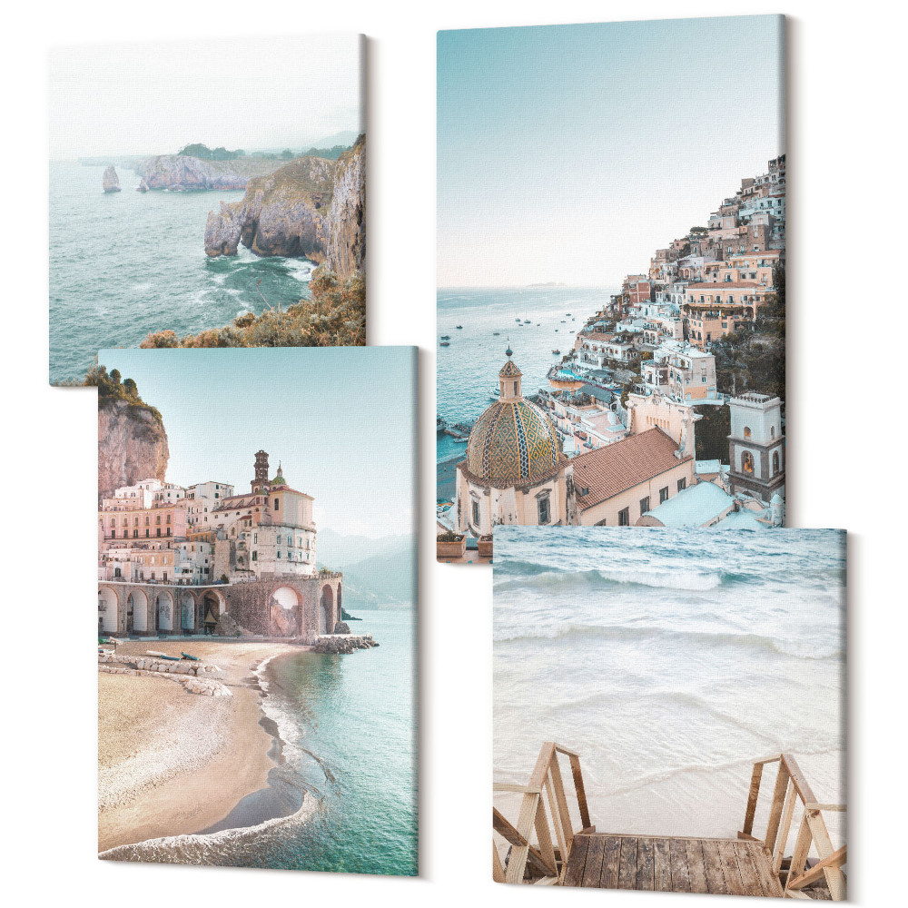 Négy részes vászonkép szett Nyári pasztell kilátás a tengerparti építészettel és a stranddal