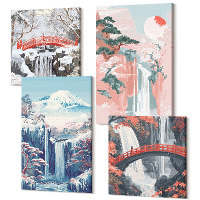 Négy részes vászonkép Vízesések hegyek híddal és virágzó fákkal