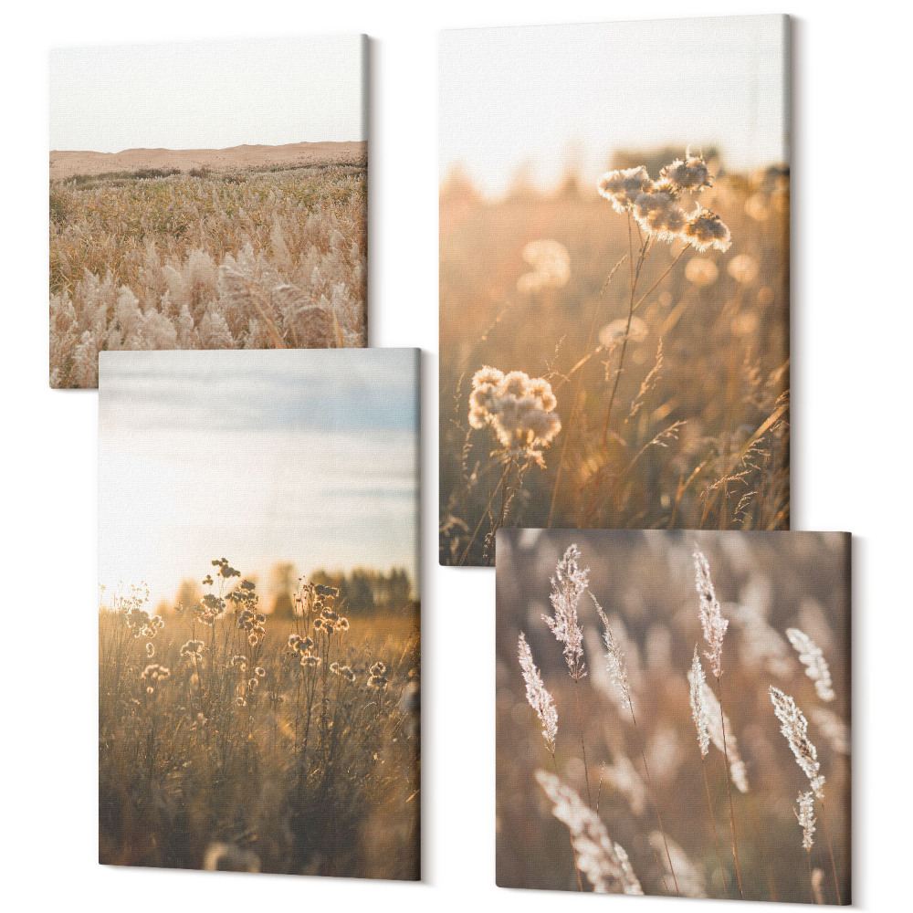 Négy részes vászonkép szett Nyári kilátás a rétekre és a virágok naplementekor