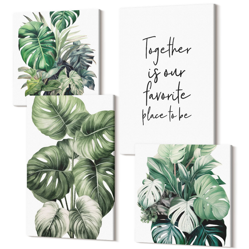 Négy részes vászonkép Trópusi növények zöld levelei dekoratív felirattal