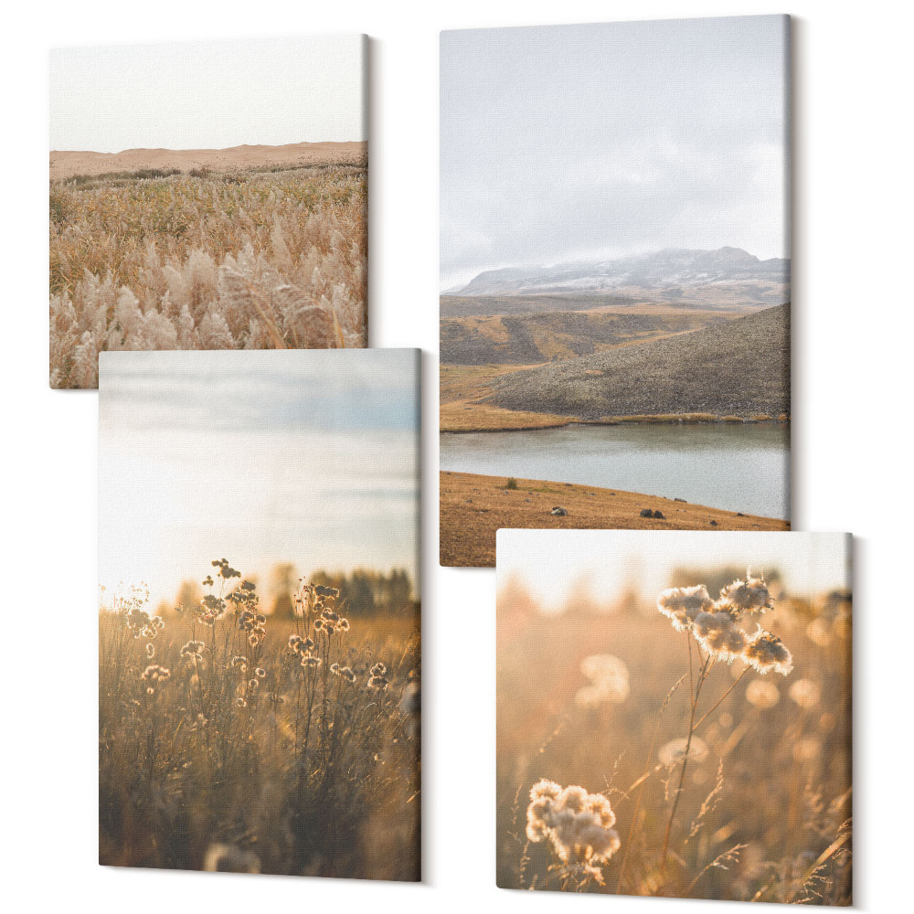 Négy részes vászonkép Tájak rétekkel, hegyekkel és egy tóval a háttérben