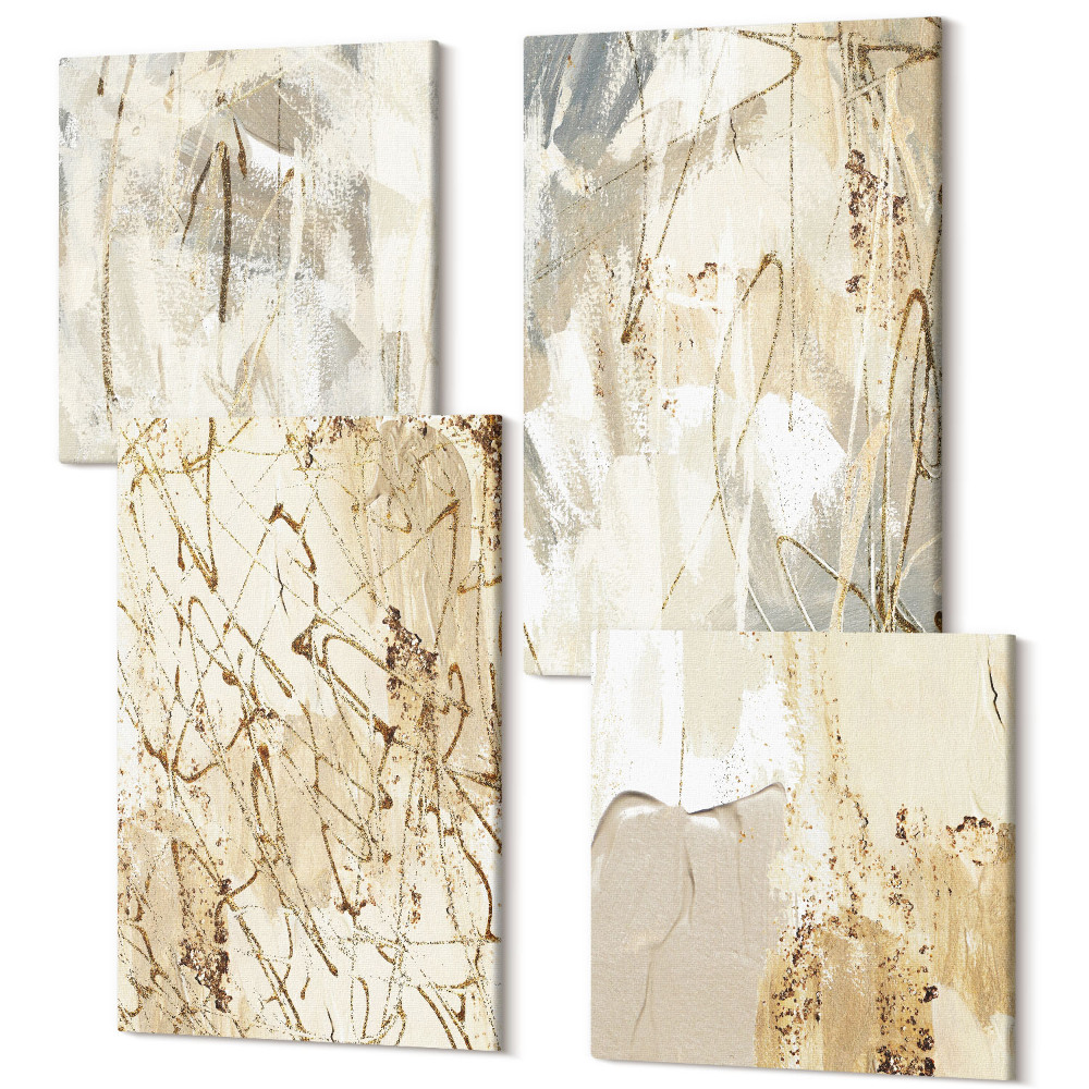 Négy részes vászonkép szett Bézs absztrakt festett formák és vonalak