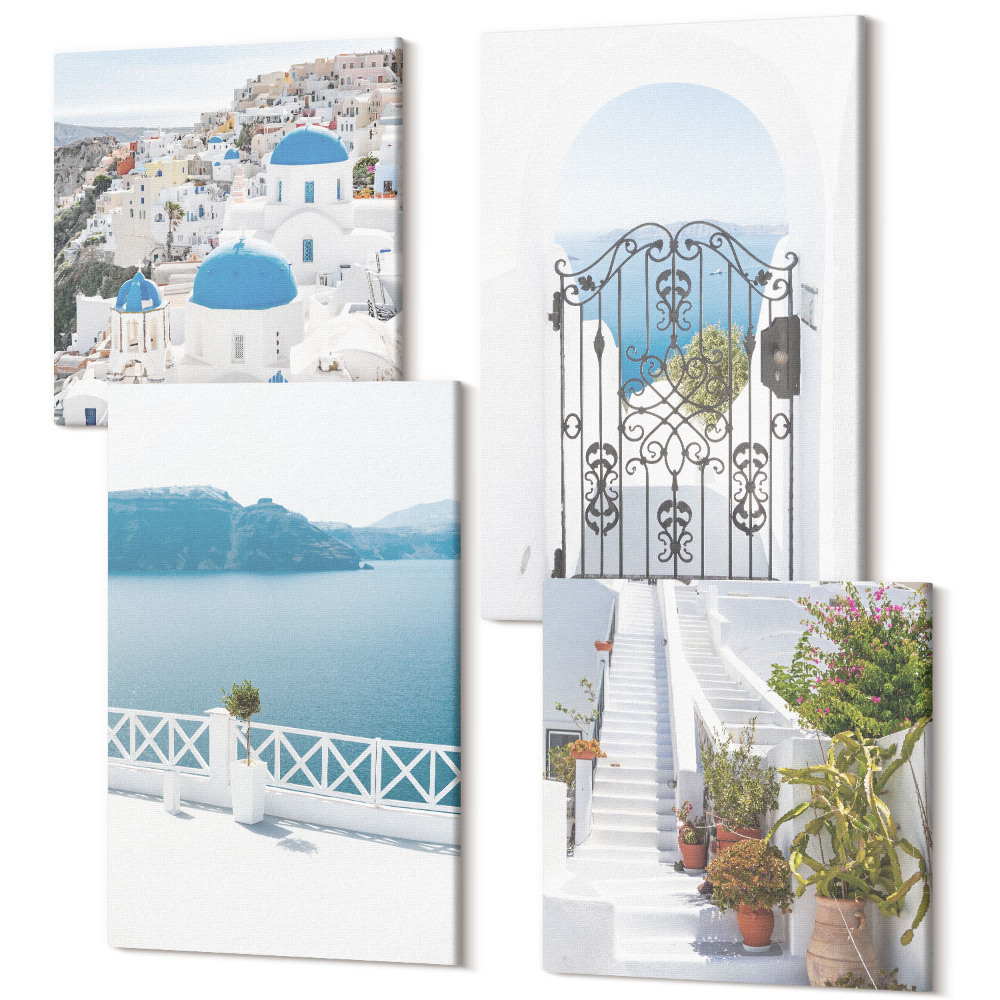 Négy részes vászonkép szett Fehér lépcső növényekkel, tengerre néző kilátással és kapuval