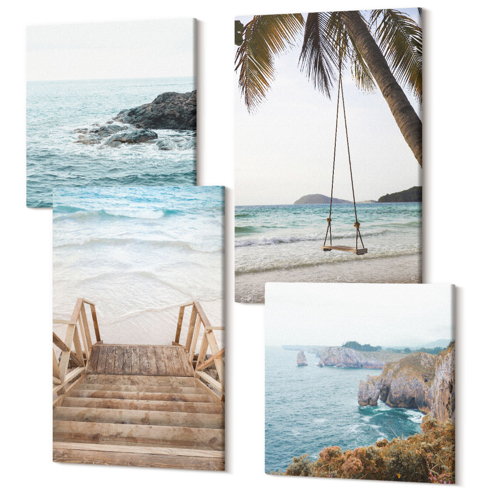 Négy részes vászonkép Lépcső a strandhoz, kilátás a tengerre és pálmafa hinta