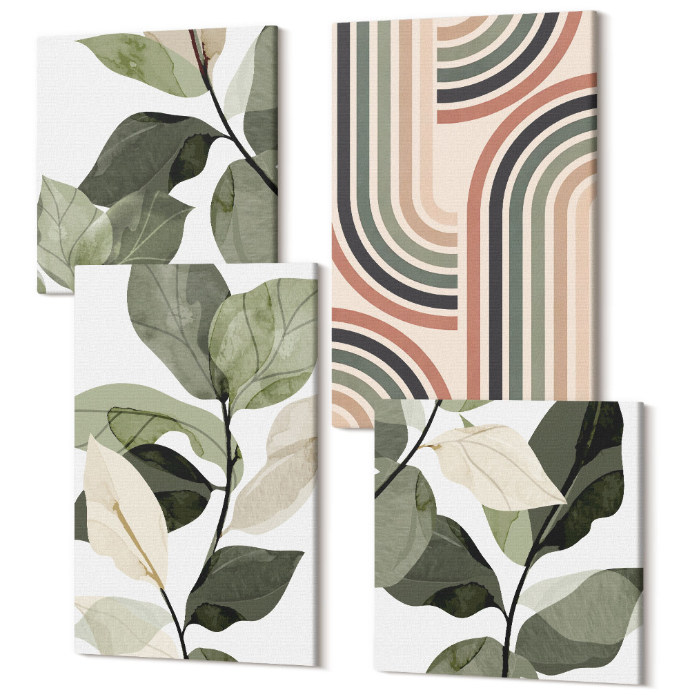 Négy részes vászonkép Geometrikus mintázatú növényi motívumok zöld árnyalataiban