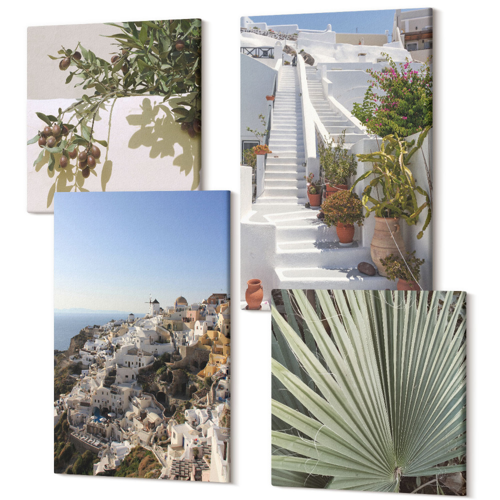 Négy részes vászonkép Fehér lépcső Santoriniben, kilátással a városra