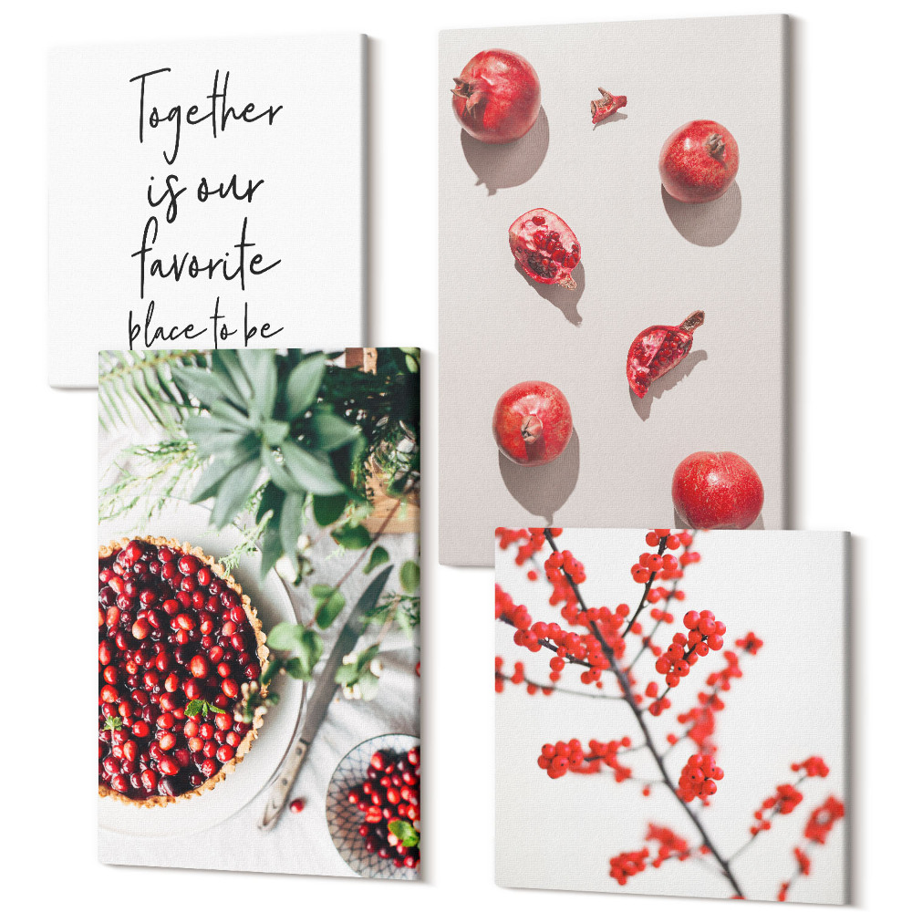 Négy részes vászonkép szett Piros gyümölcsök és növények minimalista stílusban