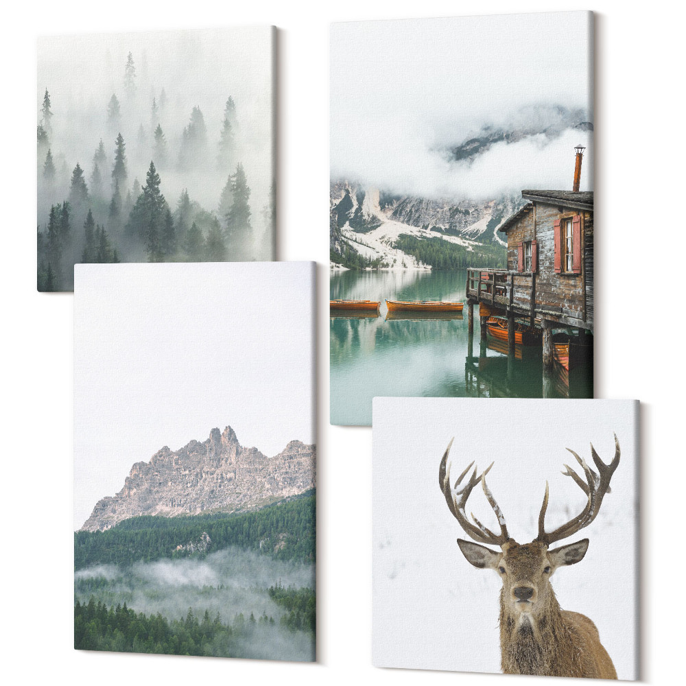 Négy részes vászonkép Hegyek, tó, szarvas, kunyhó és köd az erdőben