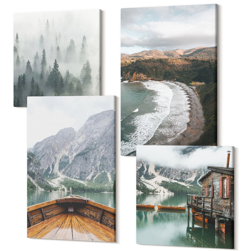 Négy részes vászonkép Kilátás a hegyekre a tavon egy csónakkal, strand, köd az erdőben