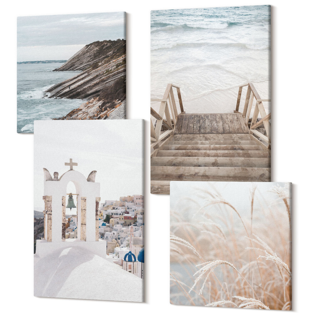 Négy részes vászonkép Kilátás a tengerre és Santorini építészetére az égen