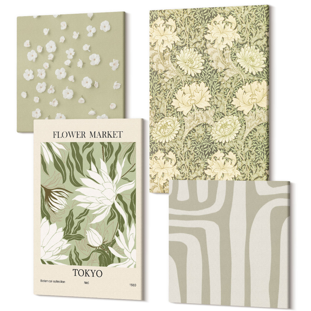 Négy részes vászonkép szett Boho növénykompozíciók pasztell színekben