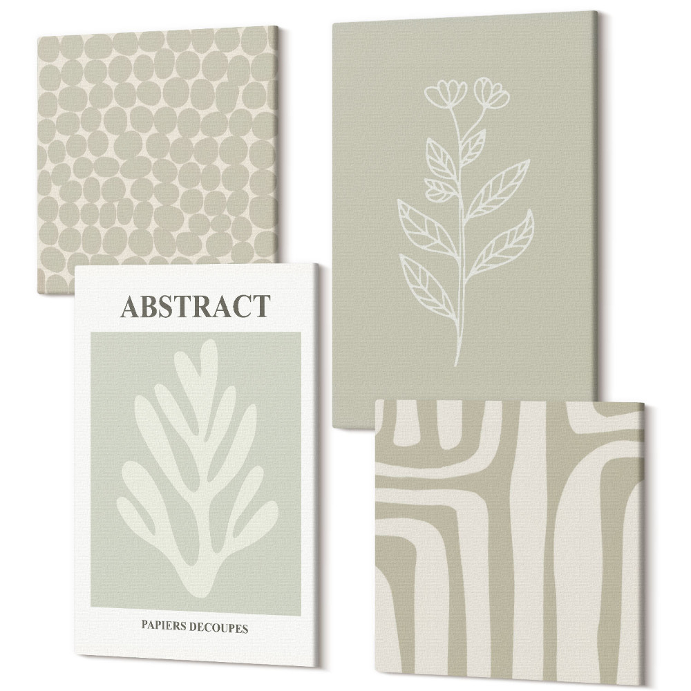 Négy részes vászonkép Növényi és geometrikus minták visszafogott színekben