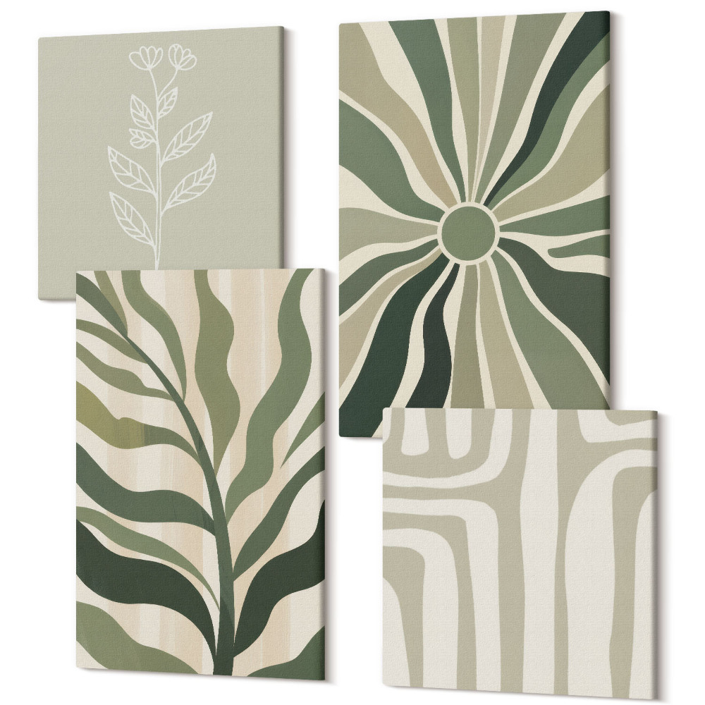 Négy részes vászonkép szett Növényminták a zöld minimalizmus árnyalataiban