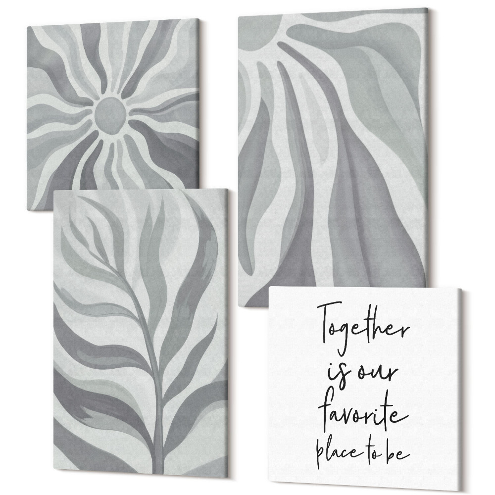 Négy részes vászonkép szett Virágminták, pasztell illusztrációk és betűk