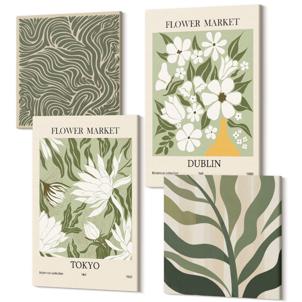 Négy részes vászonkép szett Növényminták, botanikai dekorációk, bohó stílus