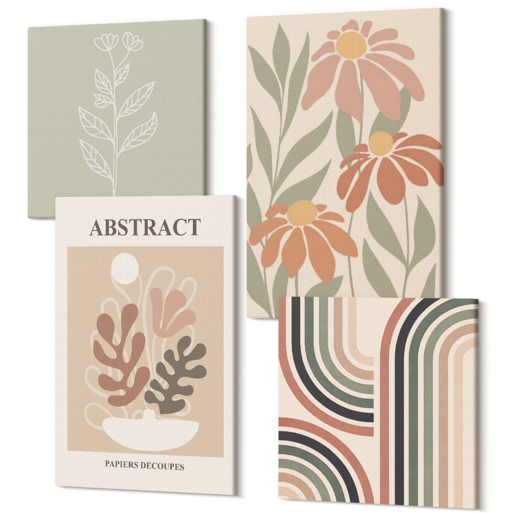 Négy részes vászonkép szett Absztrakt növények és minták pasztell színekben