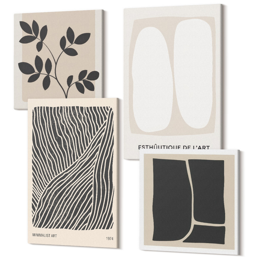 Négy részes vászonkép szett Virágminták és minimalista vonalak semleges színekben