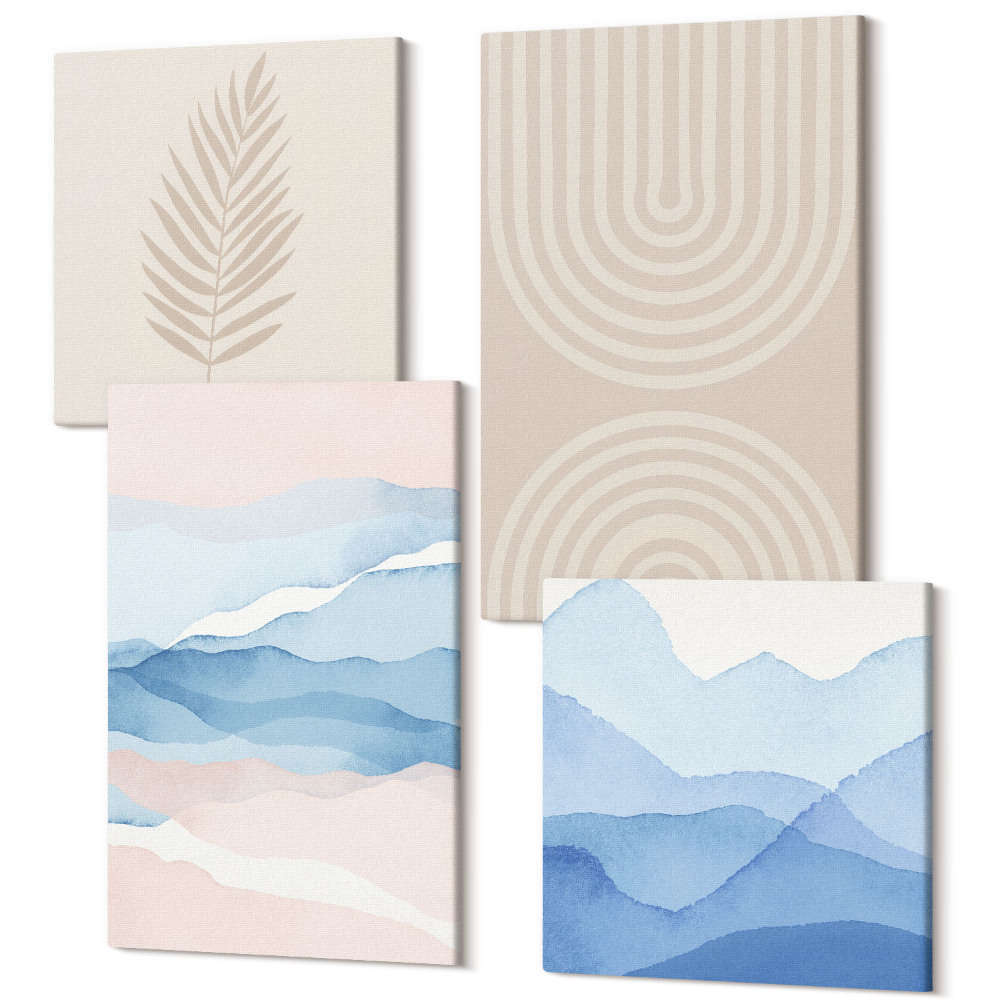 Négy részes vászonkép szett Bézs és kék árnyalatú levelek és hullámok