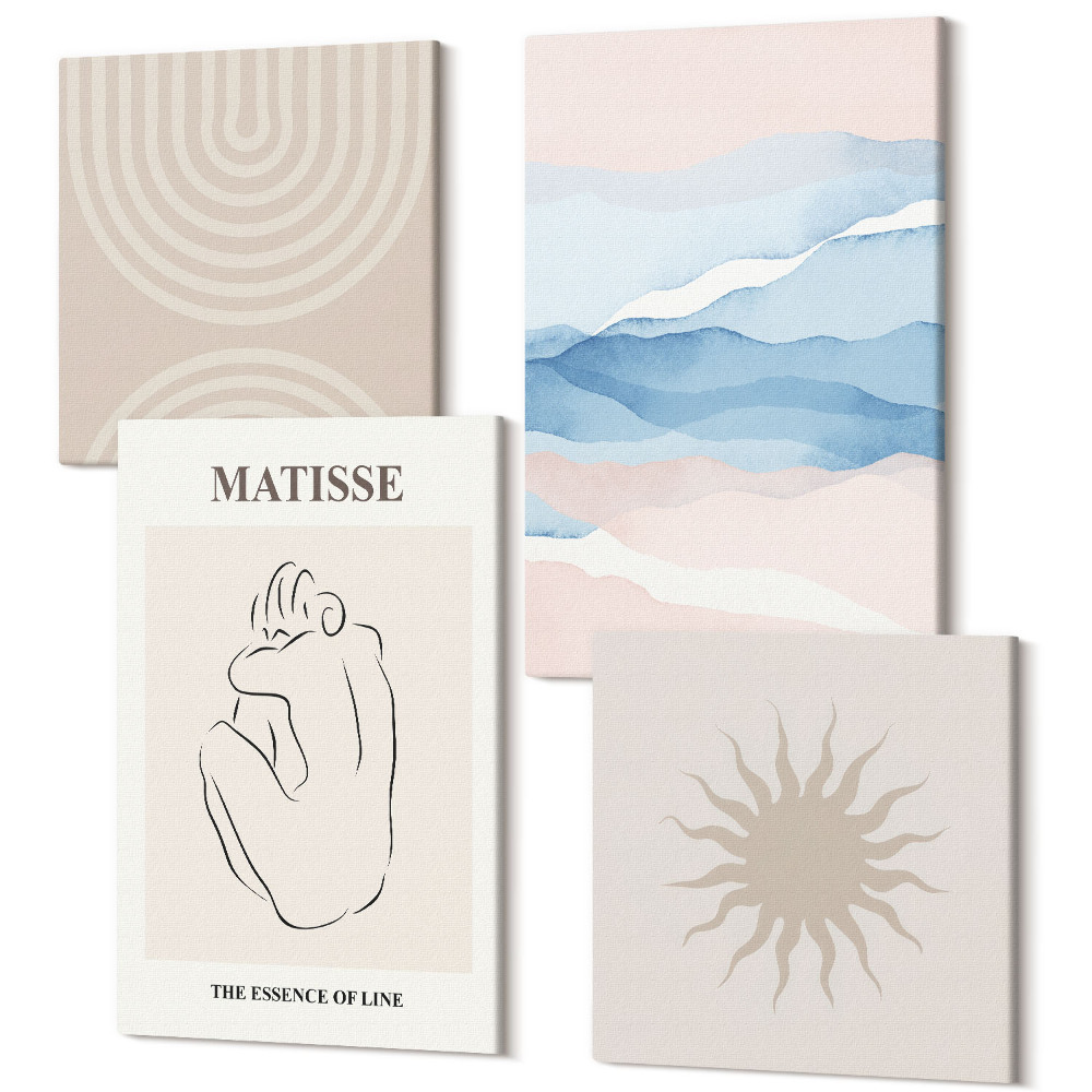 Négy részes vászonkép szett Vonalak és hullámok pasztell árnyalatokban, minimalista akcentussal