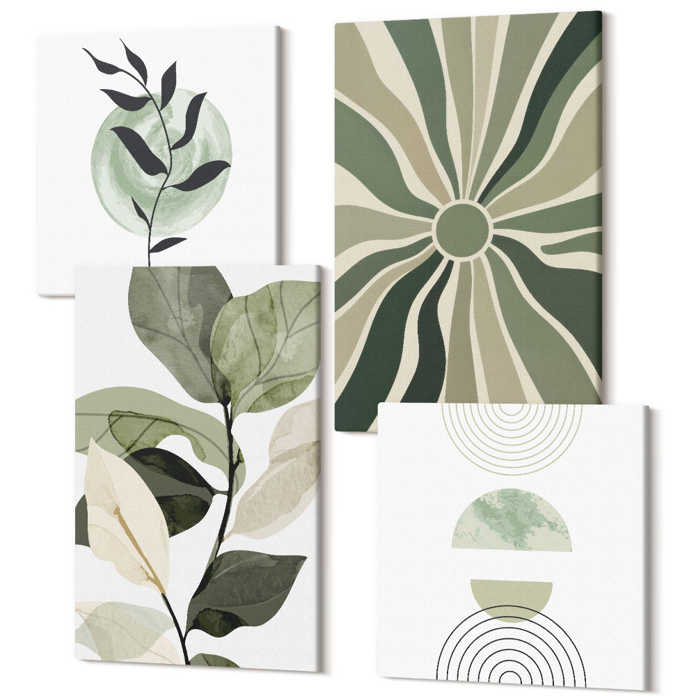 Négy részes vászonkép szett Növényi motívumok zöld geometriai formákkal